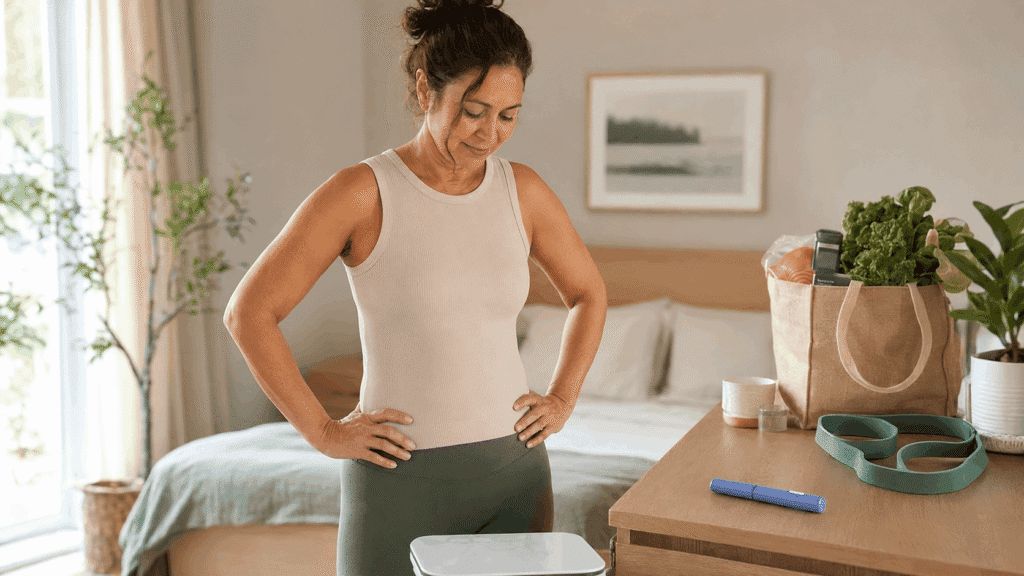 Woman in workout attire standing over a scale in a bedroom, with healthy groceries and an injection pen nearby