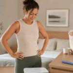 Woman in workout attire standing over a scale in a bedroom, with healthy groceries and an injection pen nearby