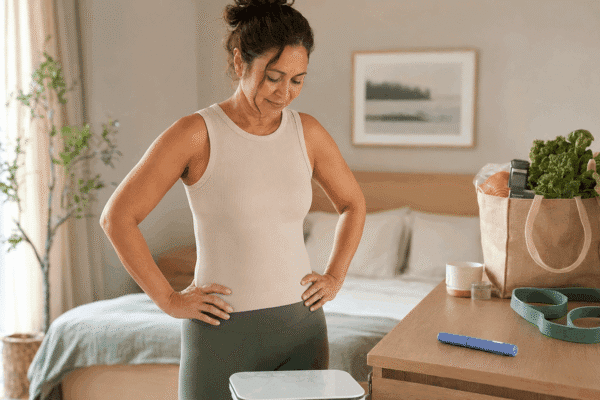 Woman in workout attire standing over a scale in a bedroom, with healthy groceries and an injection pen nearby