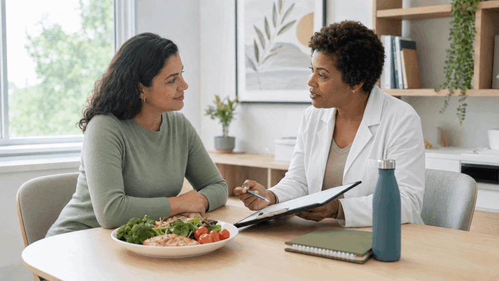 A dietitian in a white coat reviews notes with a patient at a table with a protein-rich meal, illustrating the medical nutrition guidance recommended when stopping semaglutide